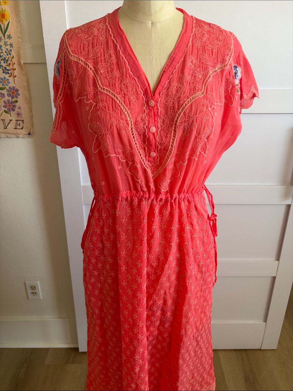 Embroidered V-Neck Coral Maxi Dress